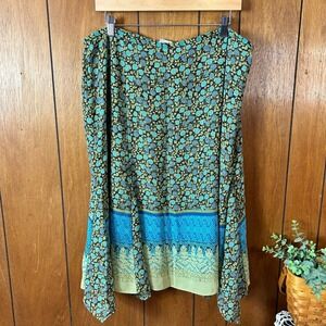 Vintage Emma James Woman 18W Floral Print Midi Skirt Brown Blue Green Bohemian